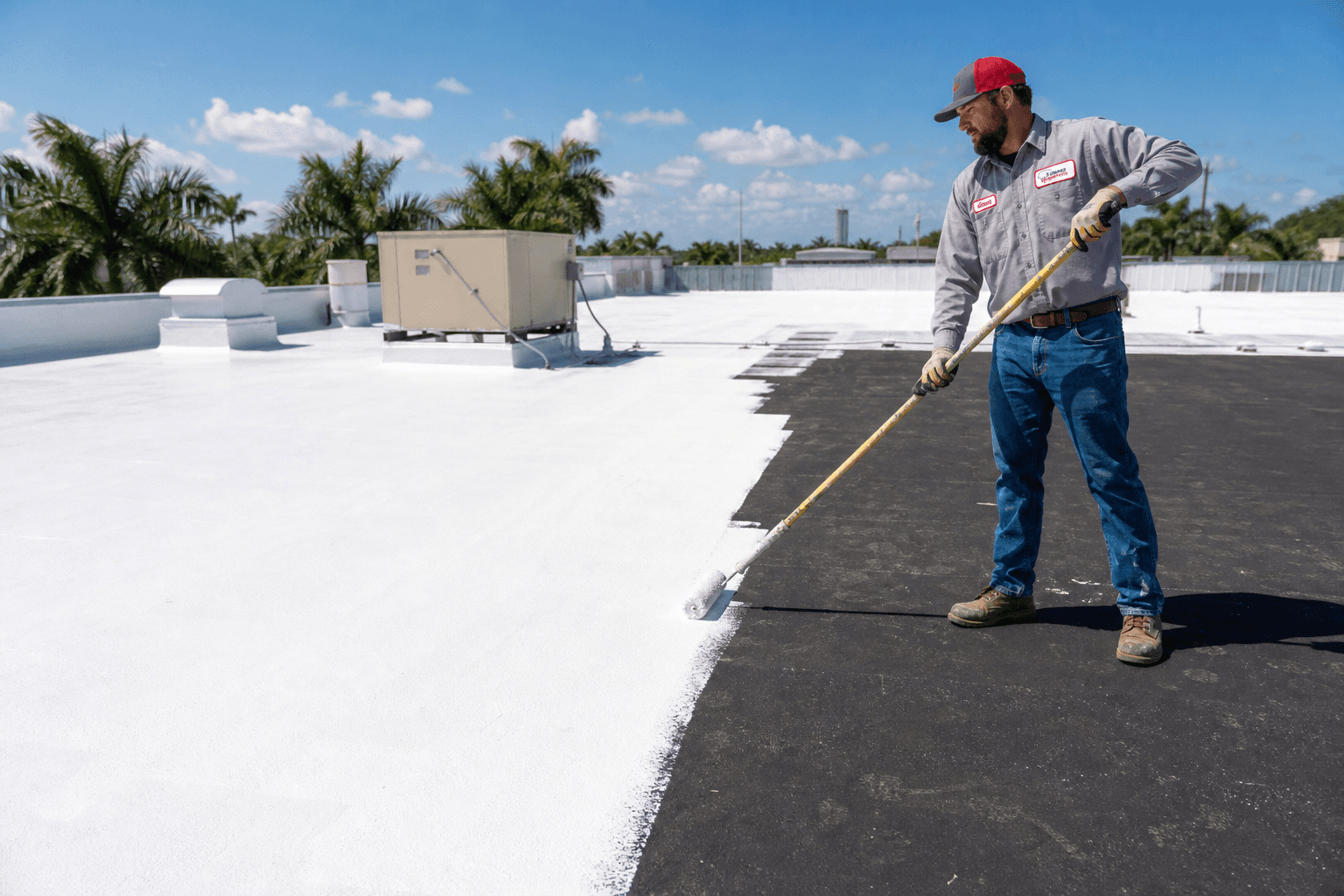 Target Roofing crew applying a reflective silicone coating system on a commercial flat roof
