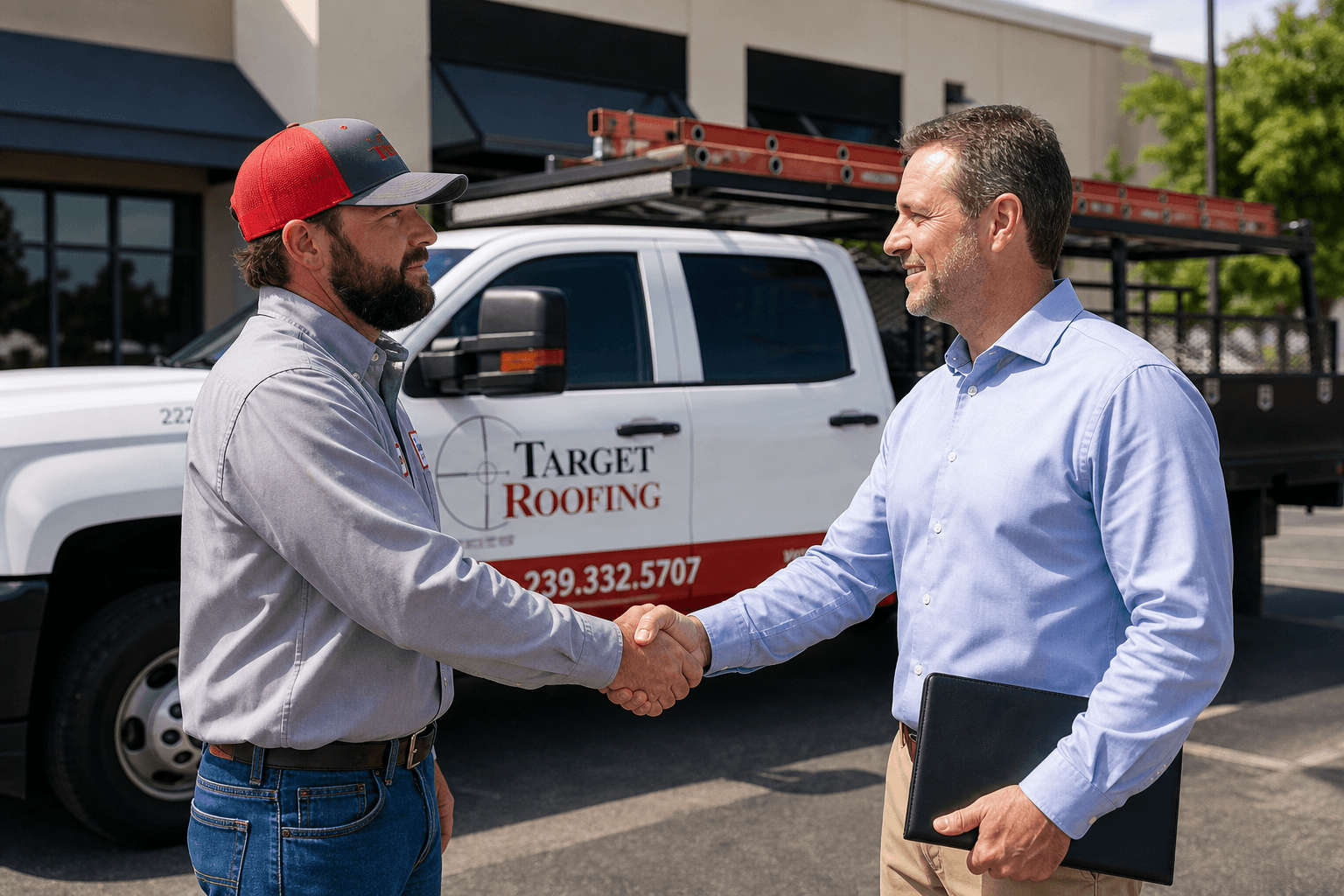 Target Roofing project manager greeting a commercial client on site