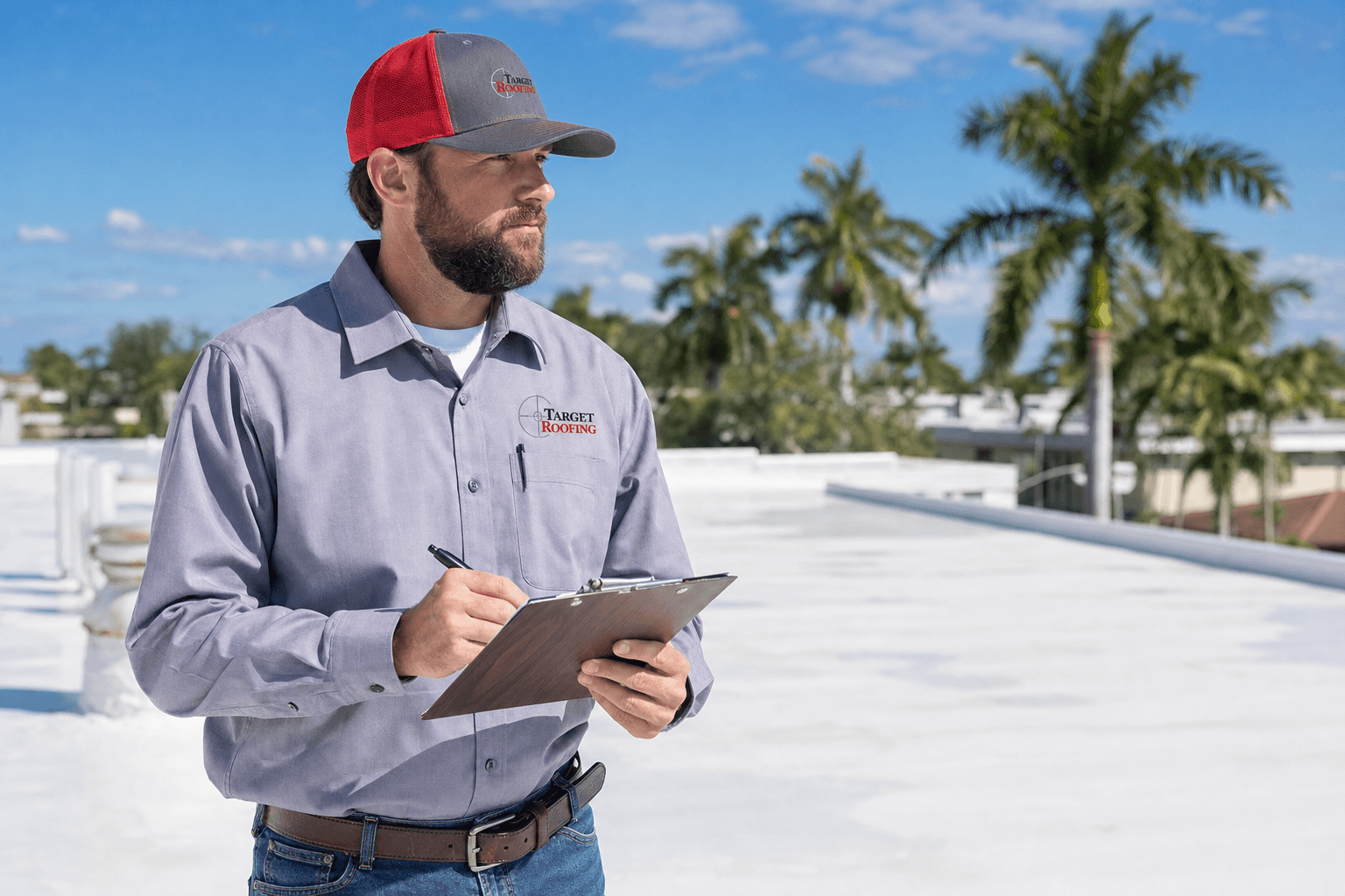 Target Roofing crew member performing a commercial roof inspection