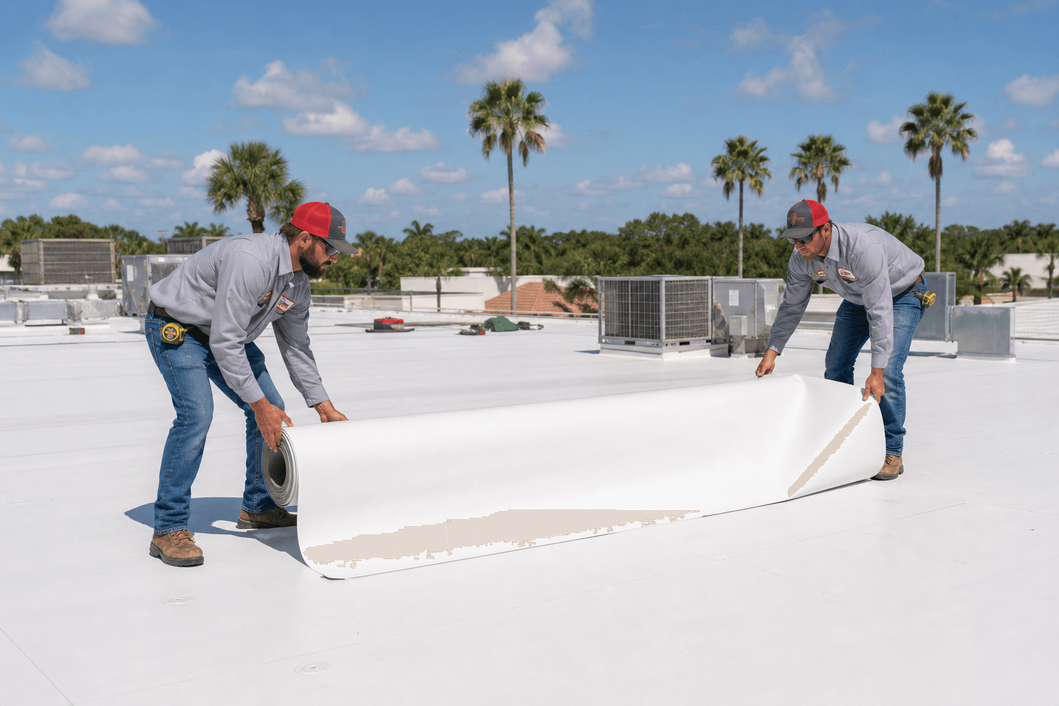 Target Roofing crew installing a TPO membrane roof