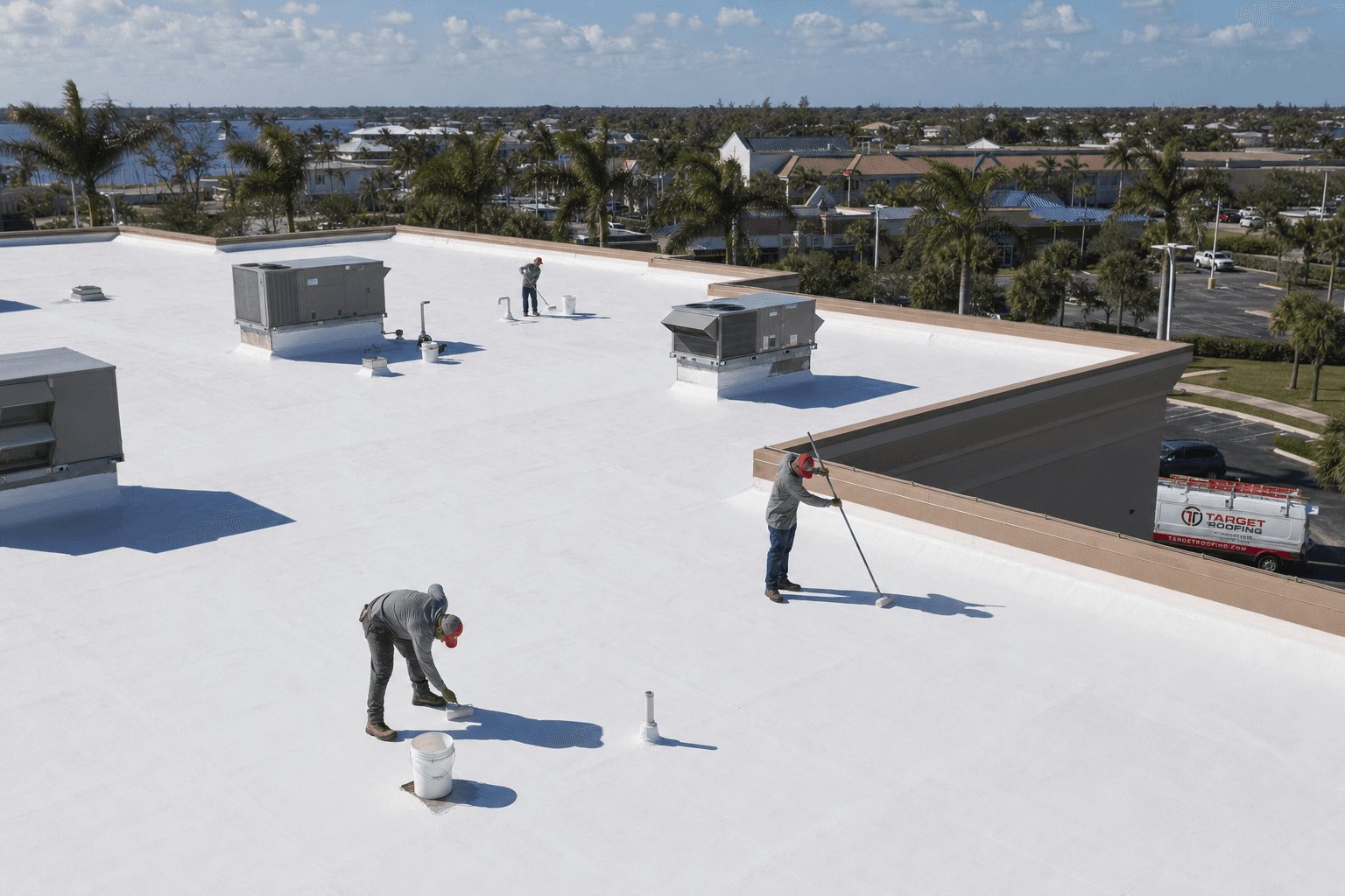 Aerial view of a Target Roofing crew on a commercial roof project
