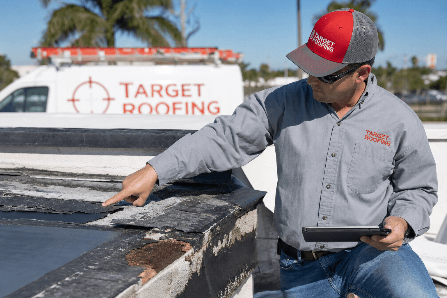 Target Roofing technician tracing a roof leak to its source during an inspection