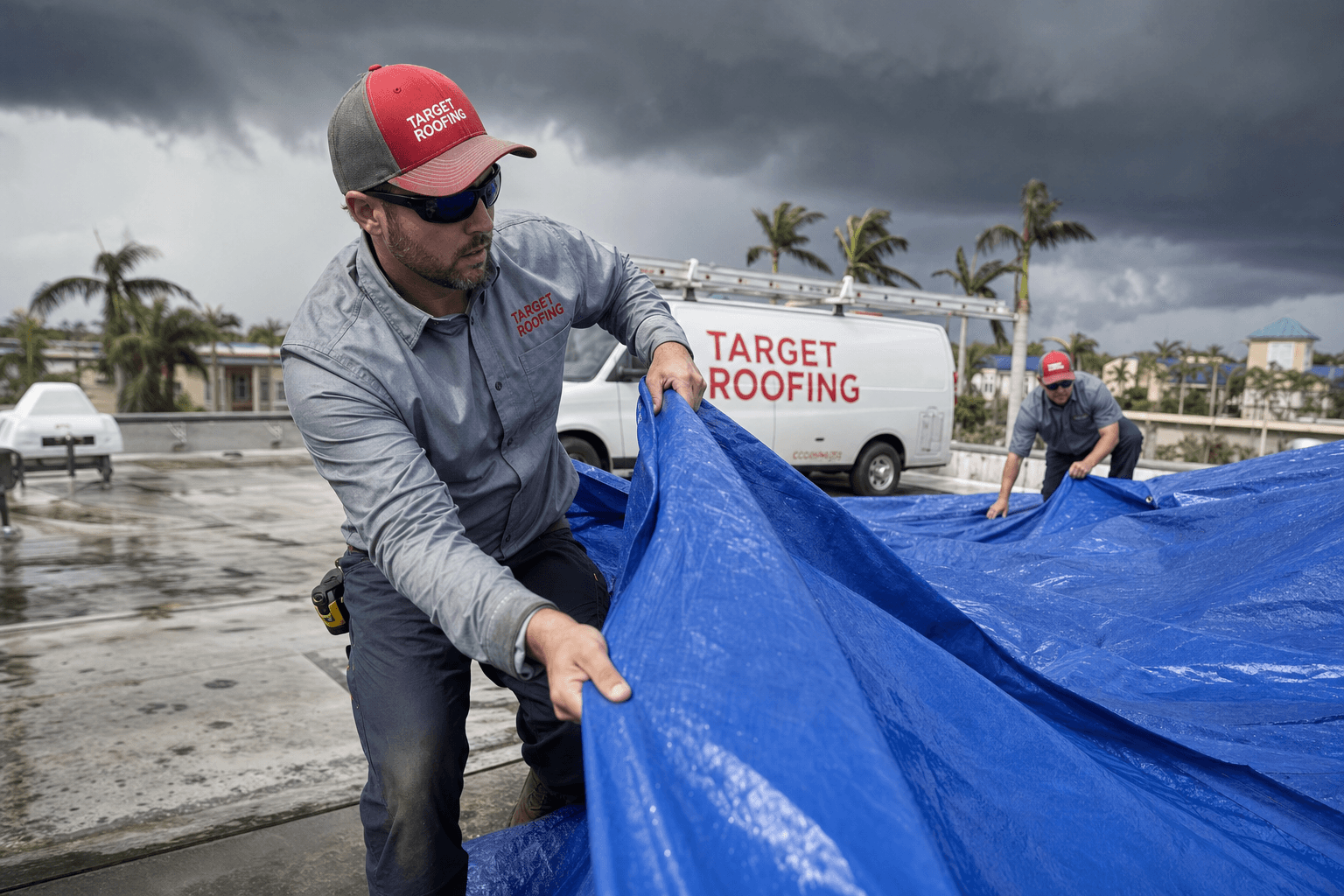 Target Roofing crew installing an emergency tarp after storm damage